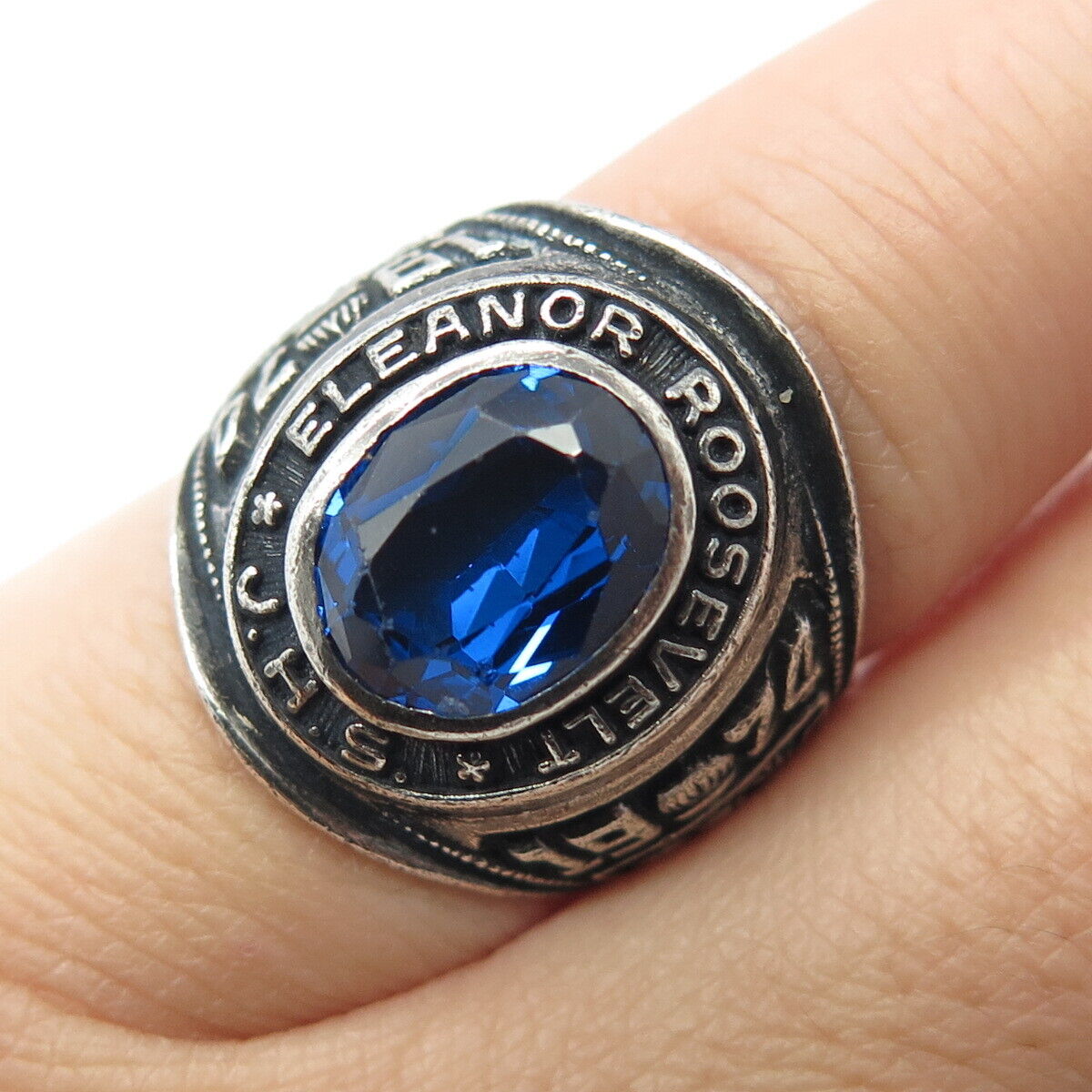 925 Sterling Silver Vintage Reed & Co Lab Sapphire E Roosevelt JHS '74 Ring 5.25