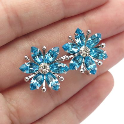 925 Sterling Silver Vintage AMCO Blue & White Rhinestone Screw Back Earrings