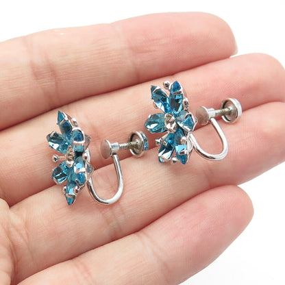 925 Sterling Silver Vintage AMCO Blue & White Rhinestone Screw Back Earrings