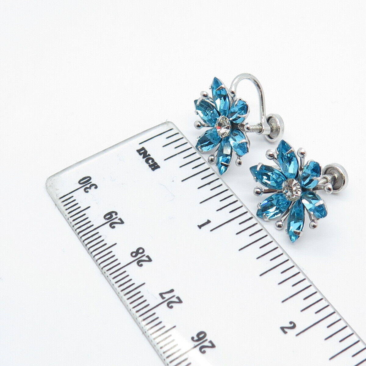 925 Sterling Silver Vintage AMCO Blue & White Rhinestone Screw Back Earrings