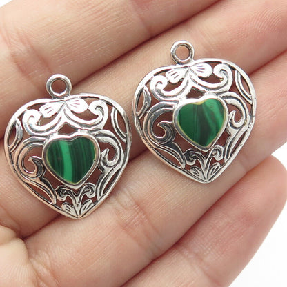 925 Sterling Silver Vintage Real Malachite Gem Ornate Heart Jacket Earrings