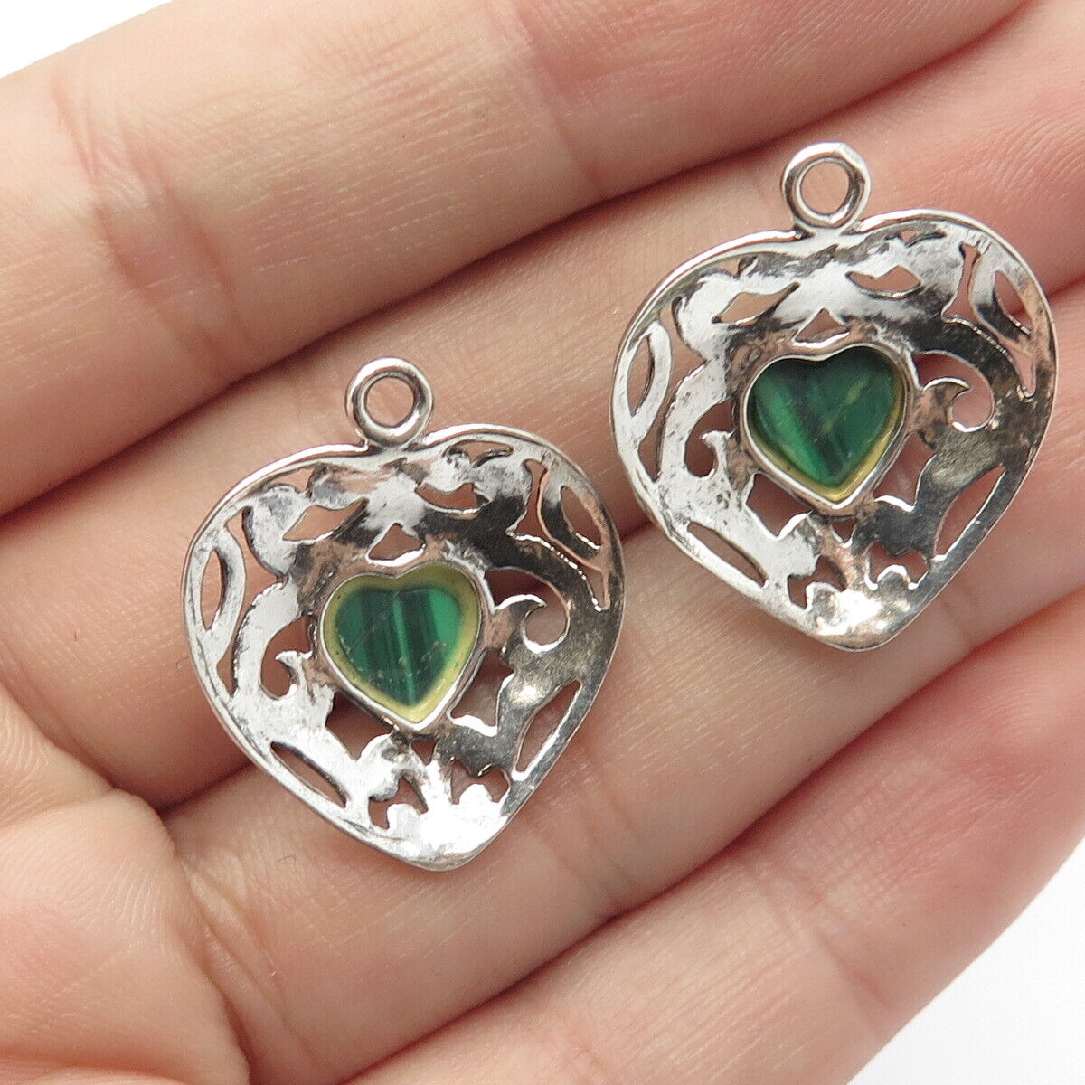 925 Sterling Silver Vintage Real Malachite Gem Ornate Heart Jacket Earrings