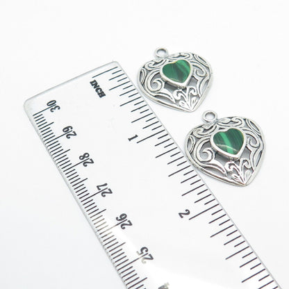 925 Sterling Silver Vintage Real Malachite Gem Ornate Heart Jacket Earrings