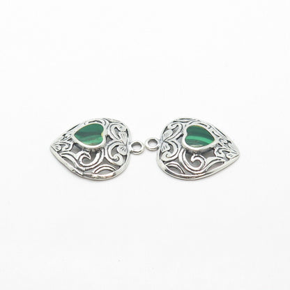 925 Sterling Silver Vintage Real Malachite Gem Ornate Heart Jacket Earrings