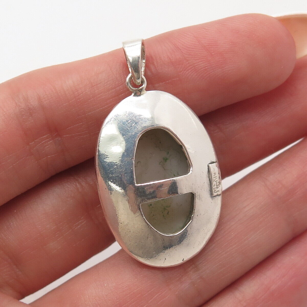 925 Sterling Silver Vintage Mexico Real Mother-of-Pearl Ornate Oval Pendant