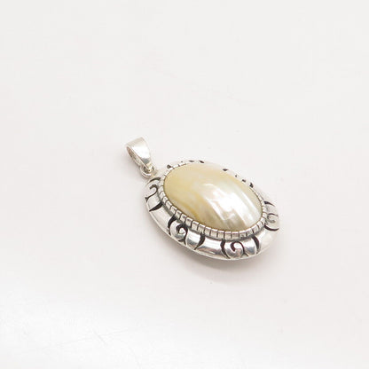 925 Sterling Silver Vintage Mexico Real Mother-of-Pearl Ornate Oval Pendant