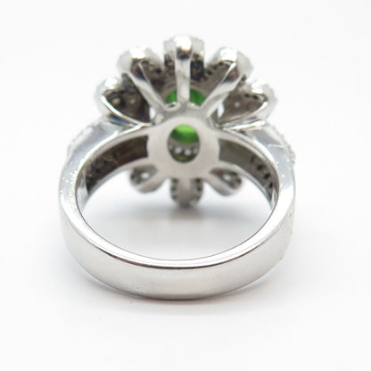 925 Sterling Silver Real Peridot Gem & C Z Floral Ring Size 8.25