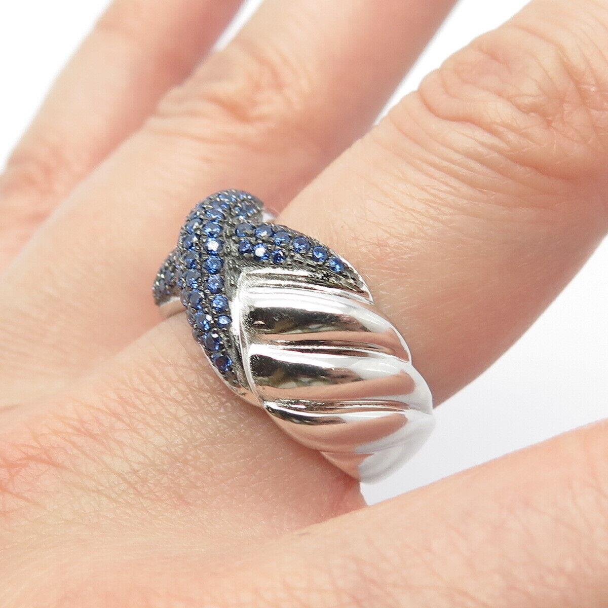 925 Sterling Silver Blue C Z "X" Ribbed Ring Size 8