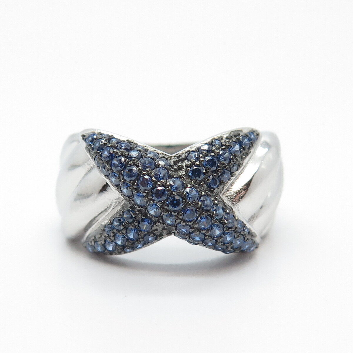 925 Sterling Silver Blue C Z "X" Ribbed Ring Size 8