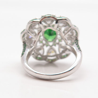 925 Sterling Silver Real Peridot Gem & C Z Wide Floral Ring Size 8.25