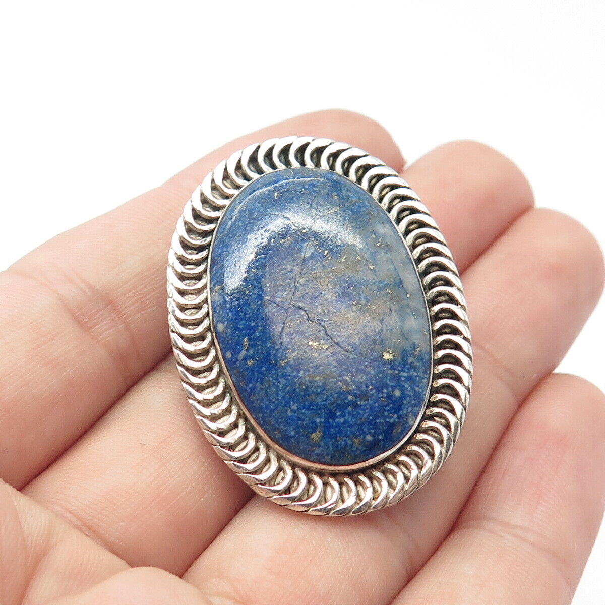 980 Silver Vintage Real Lapis Lazuli Gem Oval Pin Brooch / Pendant