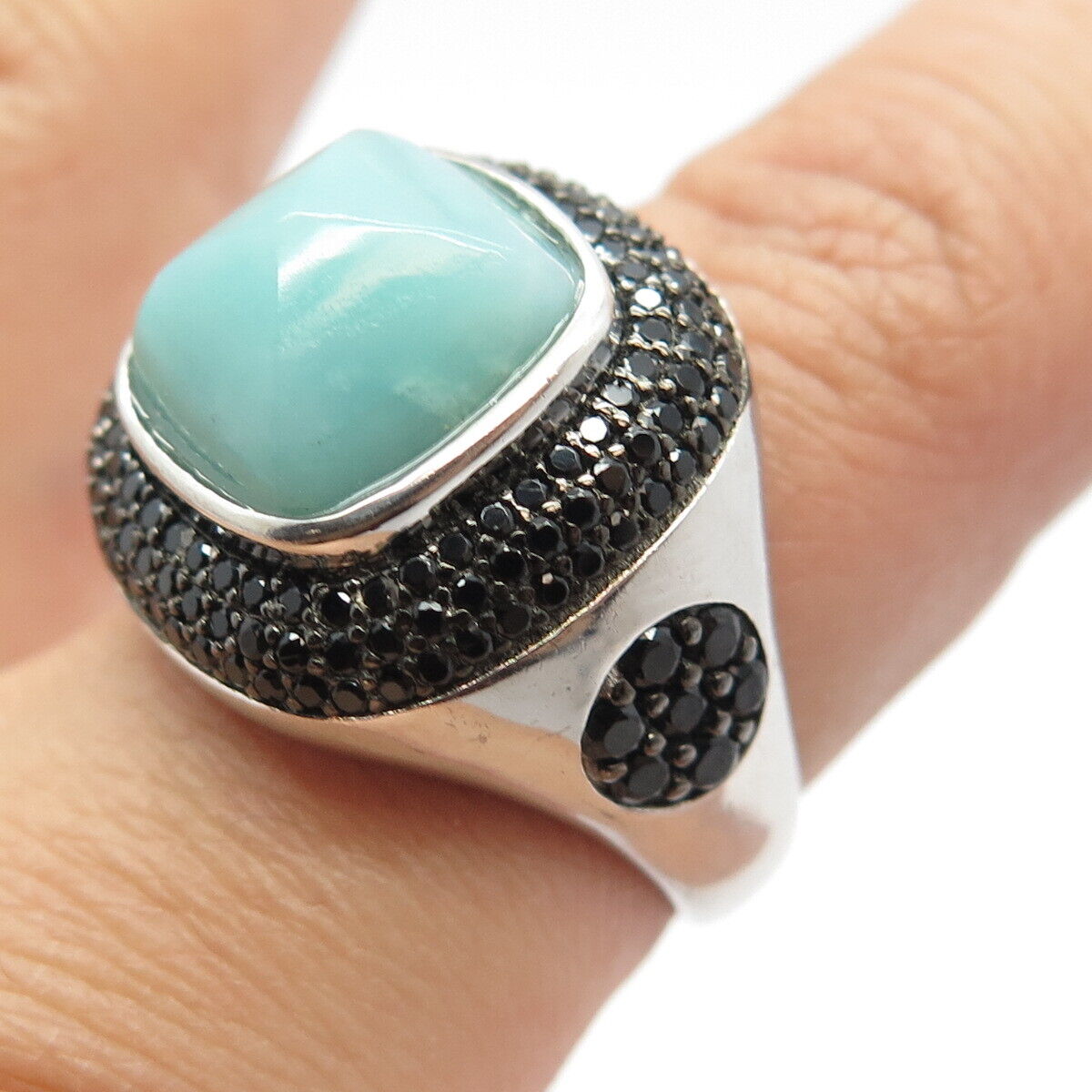 925 Sterling Silver Vintage Real Aquamarine & Black Spinel Square Ring Size 8