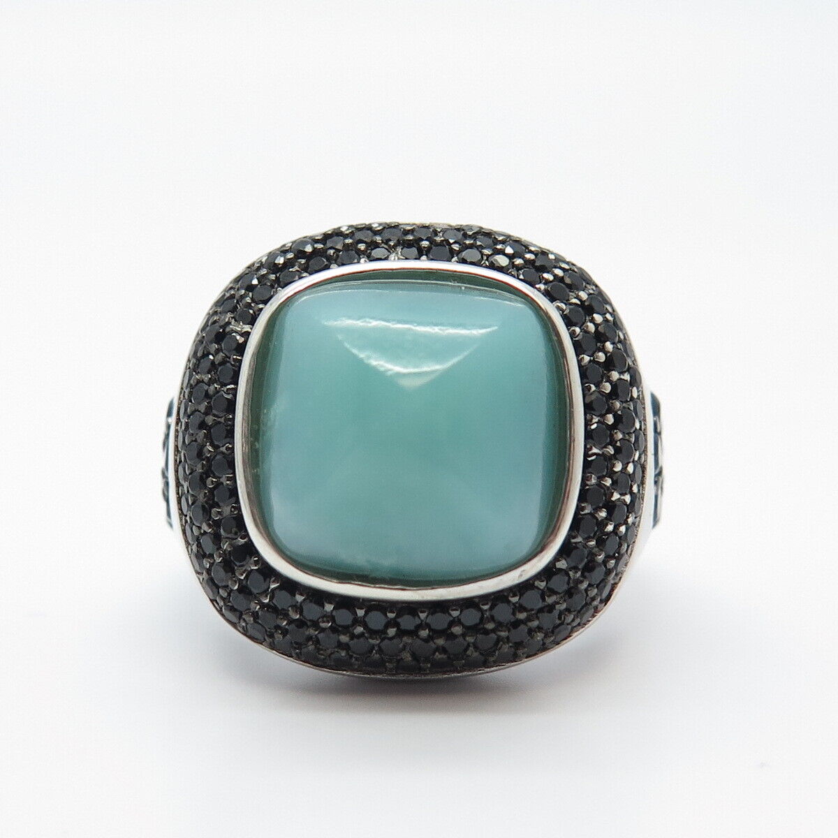 925 Sterling Silver Vintage Real Aquamarine & Black Spinel Square Ring Size 8