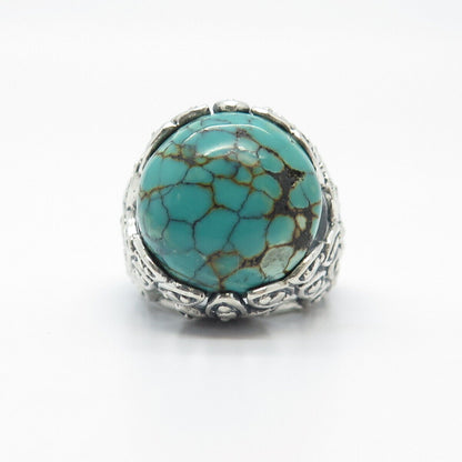 925 Sterling Silver Vintage Real Turquoise Gem Beaded Round Ring Size 7.25