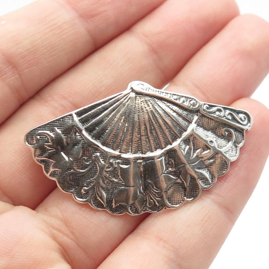 925 Sterling Silver Vintage Ornate Fan Pin Brooch / Pendant