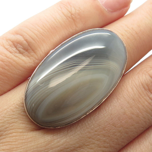 925 Sterling Silver Vintage Real Agate Gem Oval Statement Ring Size 5.75