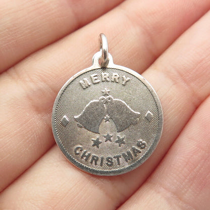 925 Sterling Silver Vintage Textured "Merry Christmas" Bells Round Pendant