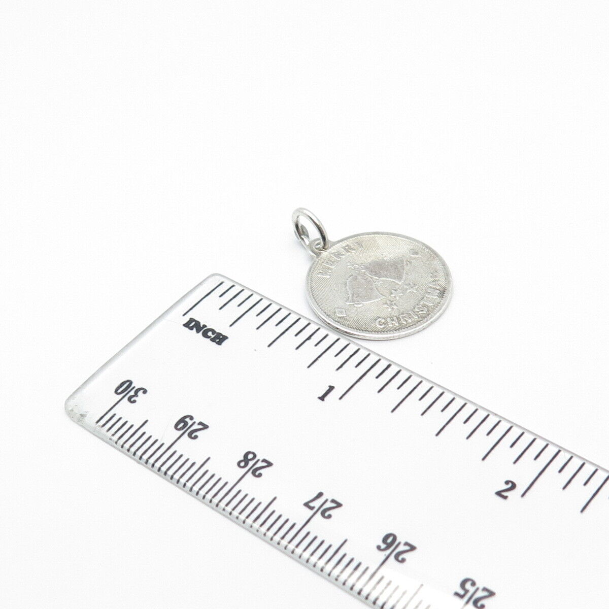 925 Sterling Silver Vintage Textured "Merry Christmas" Bells Round Pendant