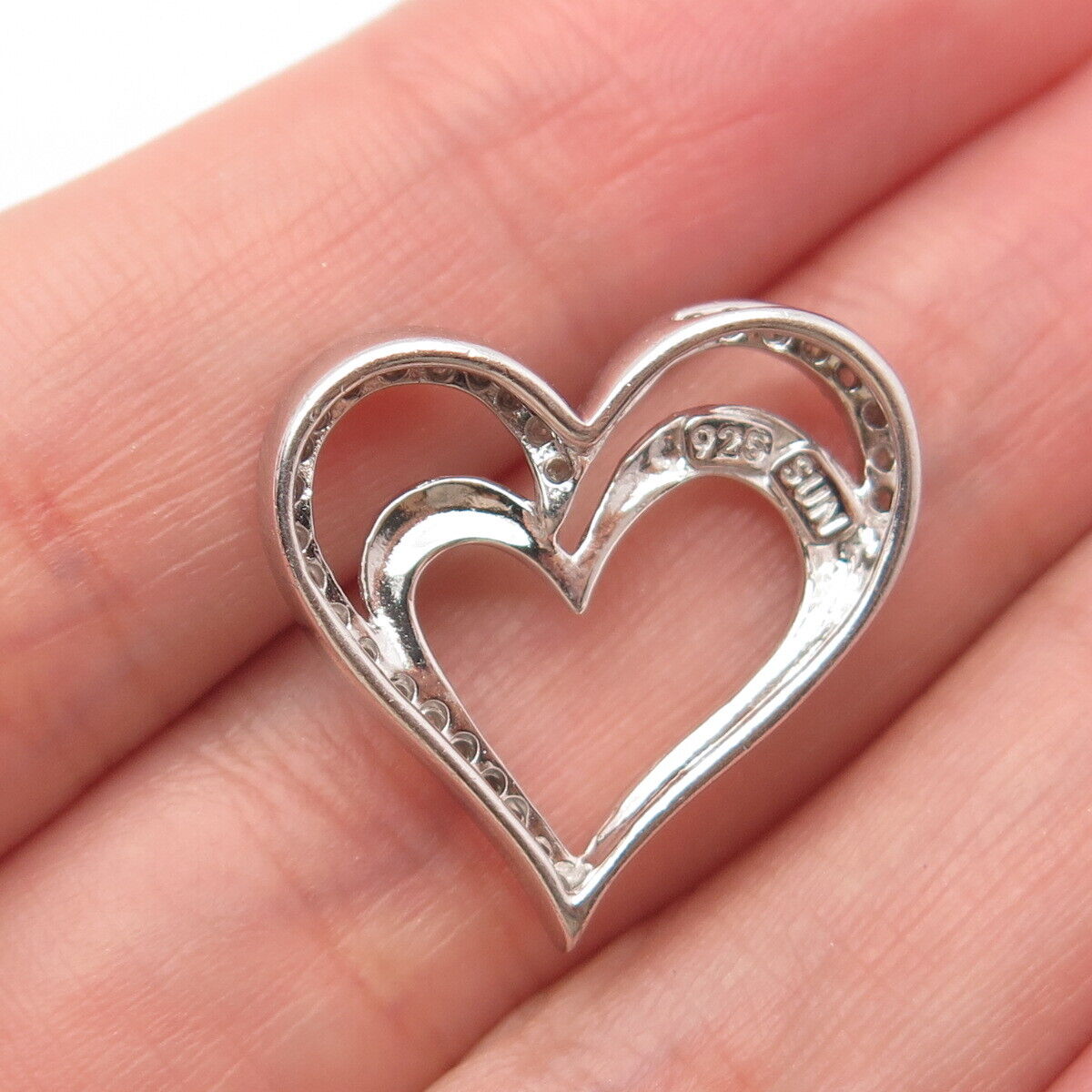 925 Sterling Silver SUN Real White Diamond Heart Slide Pendant