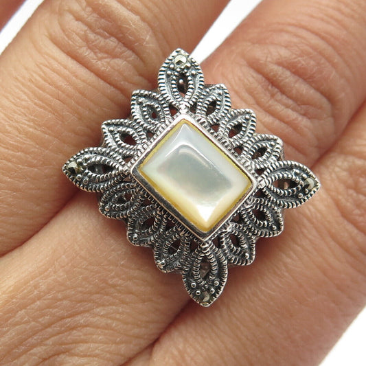 925 Sterling Silver Vintage Real MOP & Marcasite Gem Wide Ring Size 7.25