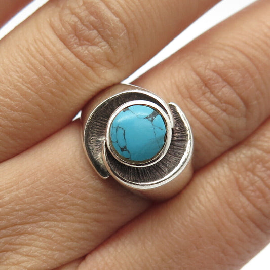 925 Sterling Silver Vintage Real Turquoise Gem Round Ring Size 7.75