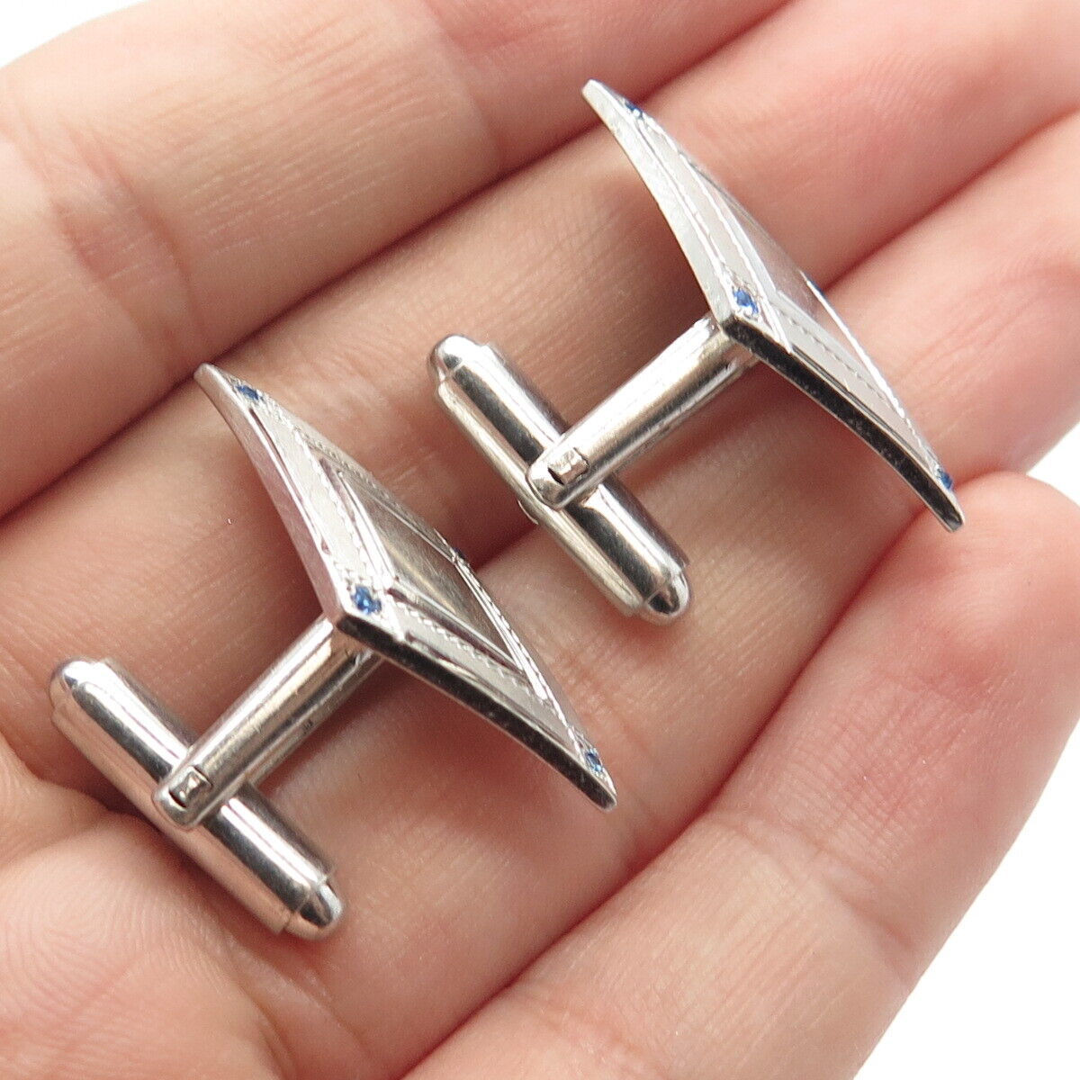 925 Sterling Silver Vintage P & K Blue C Z Cufflinks