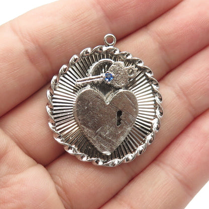 925 Sterling Silver Vintage Blue C Z Heart & Key Pendant