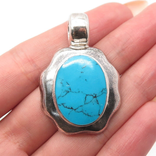 925 Sterling Silver Vintage Mexico Real Turquoise Gem Oval Pendant