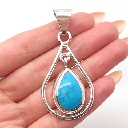 925 Sterling Silver Vintage Mexico Real Turquoise Gem Teardrop Pendant