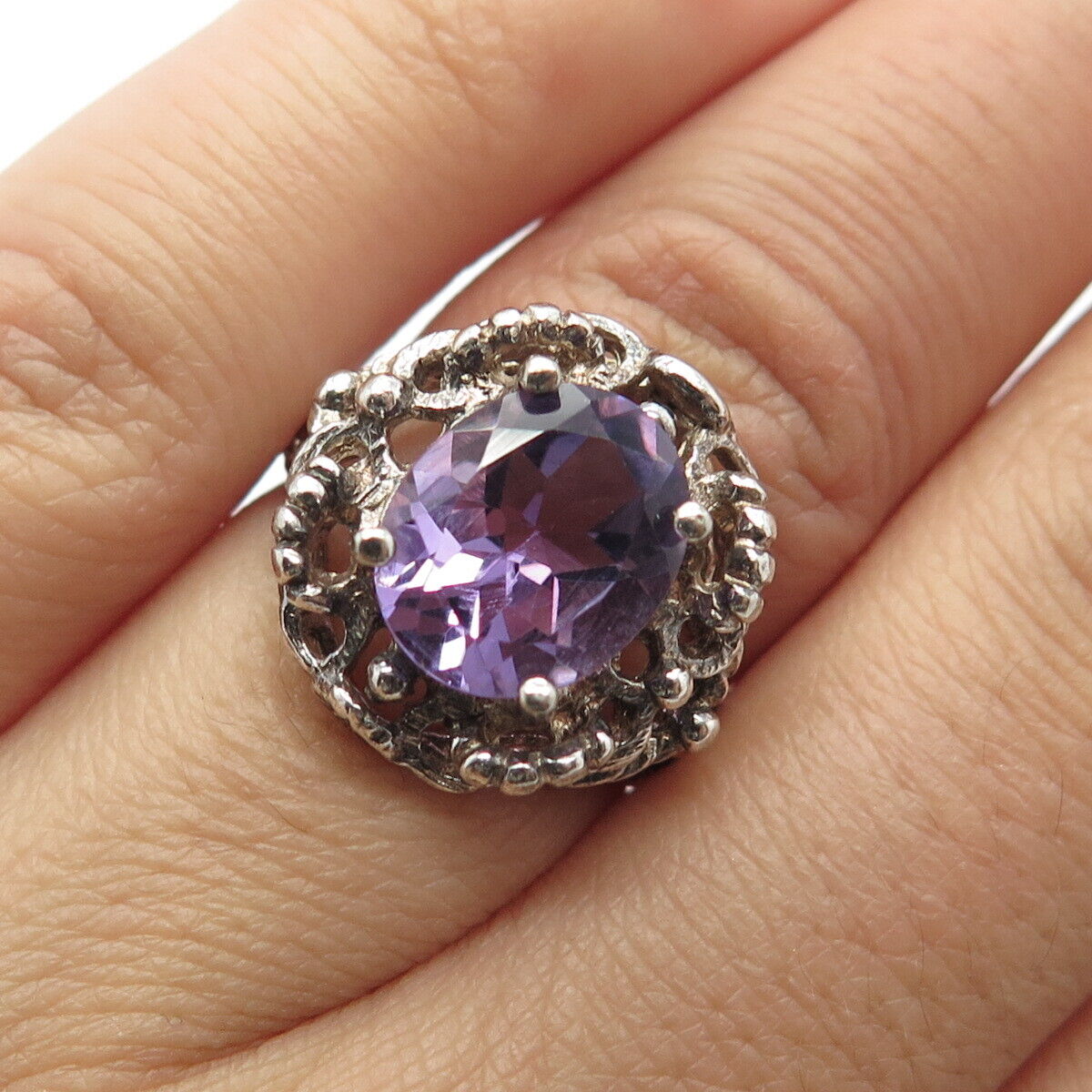 925 Sterling Silver Vintage Real Amethyst Gemstone Ring Size 5.25