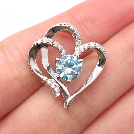 S925 Sterling Silver Blue & White C Z Double Heart Slide Pendant