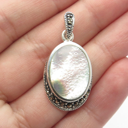 925 Sterling Silver Vintage Real Mother-of-Pearl & Marcasite Gemstone Pendant