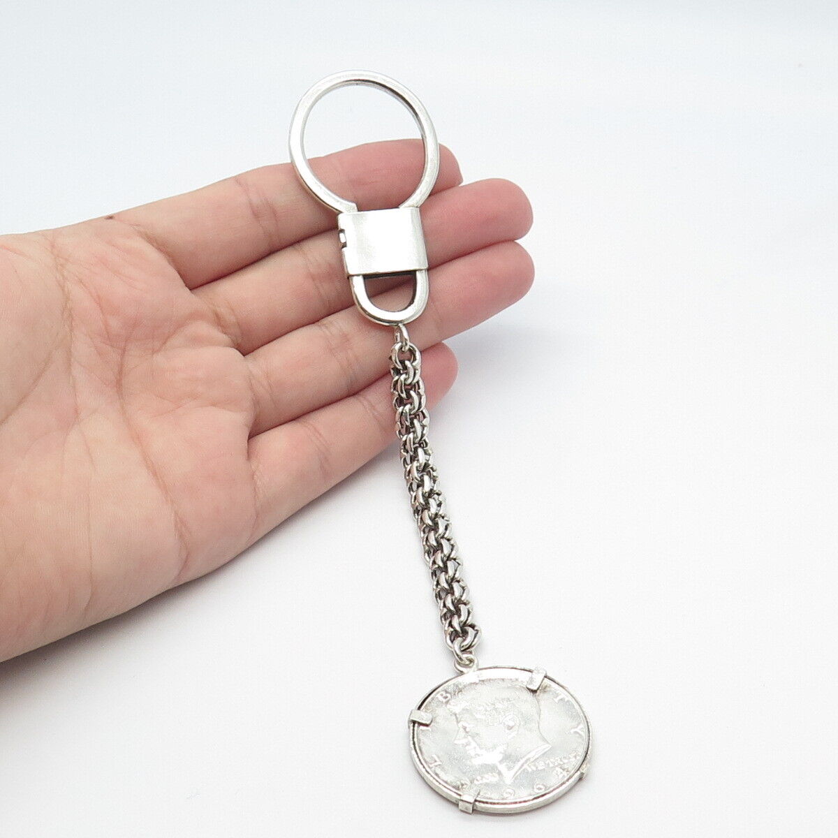 900 Silver Vintage 1964 Kennedy Half Dollar Coin Key Chain Ring