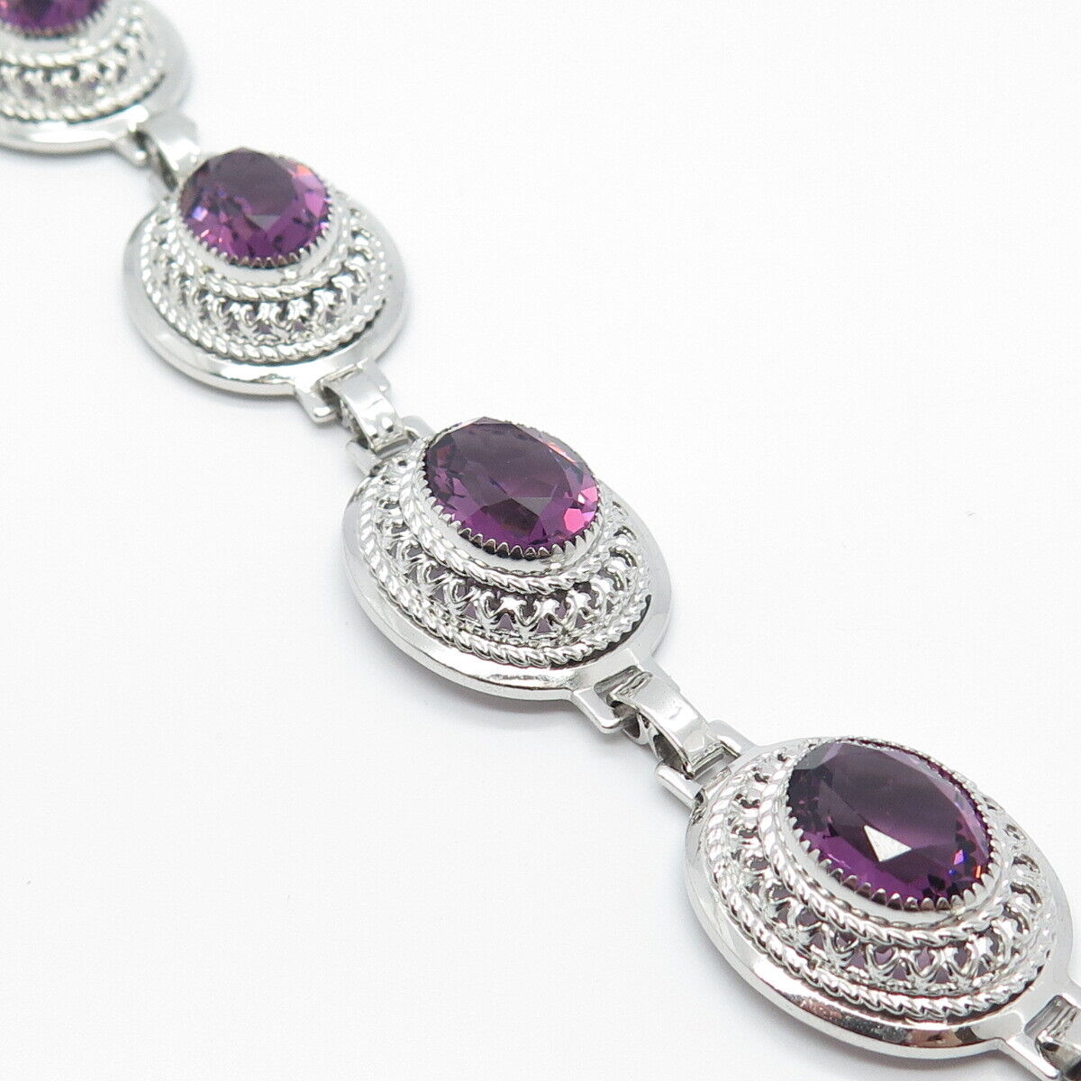 925 Sterling Silver Antique Danecraft Amethyst Tennis Link Bracelet 7"