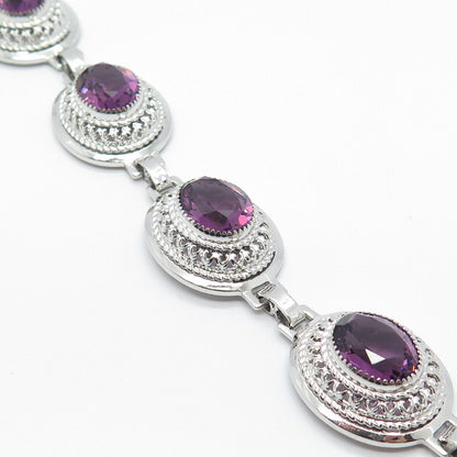 925 Sterling Silver Antique Danecraft Amethyst Tennis Link Bracelet 7"