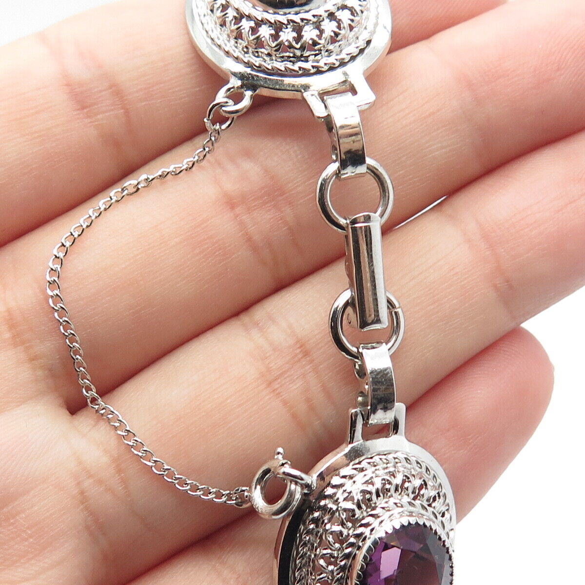 925 Sterling Silver Antique Danecraft Amethyst Tennis Link Bracelet 7"