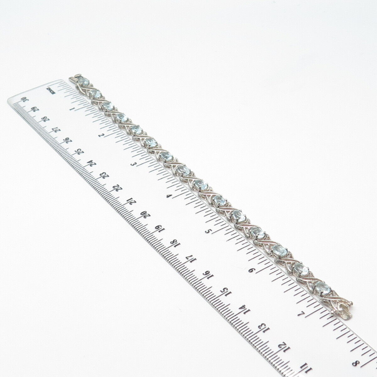 925 Sterling Silver HAN Real Blue Topaz Gemstone Tennis Link Bracelet 6.75"