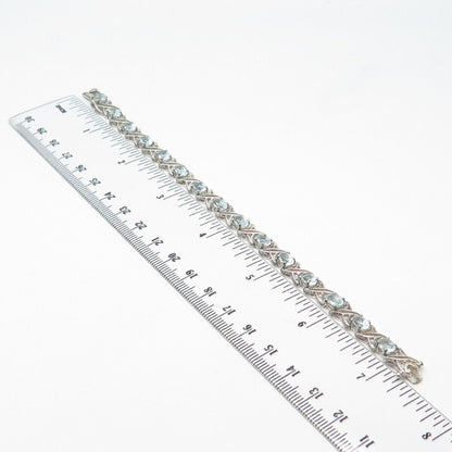 925 Sterling Silver HAN Real Blue Topaz Gemstone Tennis Link Bracelet 6.75"