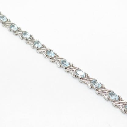 925 Sterling Silver HAN Real Blue Topaz Gemstone Tennis Link Bracelet 6.75"