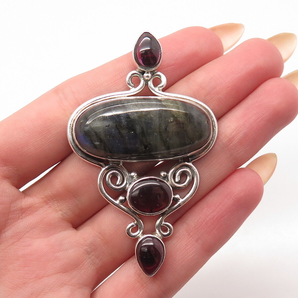 925 Sterling Silver Vintage Real Labradorite Amethyst & Tourmaline Gem Pendant