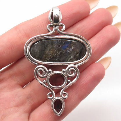 925 Sterling Silver Vintage Real Labradorite Amethyst & Tourmaline Gem Pendant