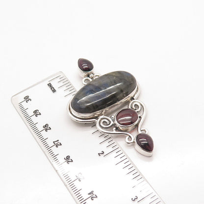 925 Sterling Silver Vintage Real Labradorite Amethyst & Tourmaline Gem Pendant