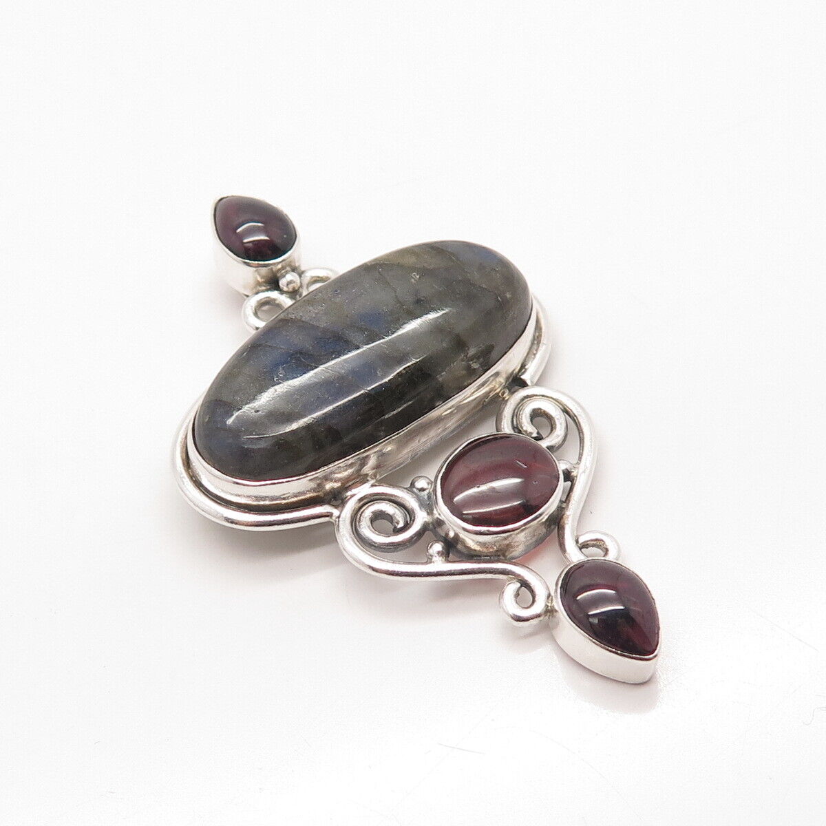 925 Sterling Silver Vintage Real Labradorite Amethyst & Tourmaline Gem Pendant