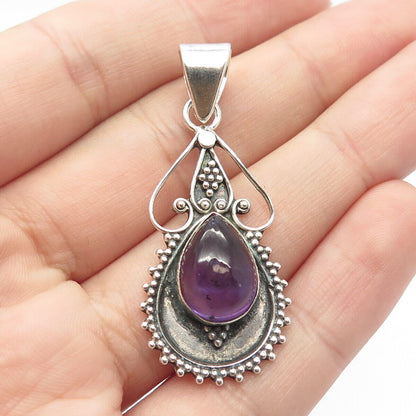 925 Sterling Silver Vintage Real Amethyst Gem Beaded Teardrop Pendant