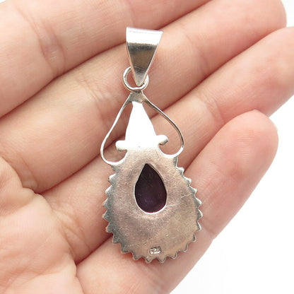 925 Sterling Silver Vintage Real Amethyst Gem Beaded Teardrop Pendant