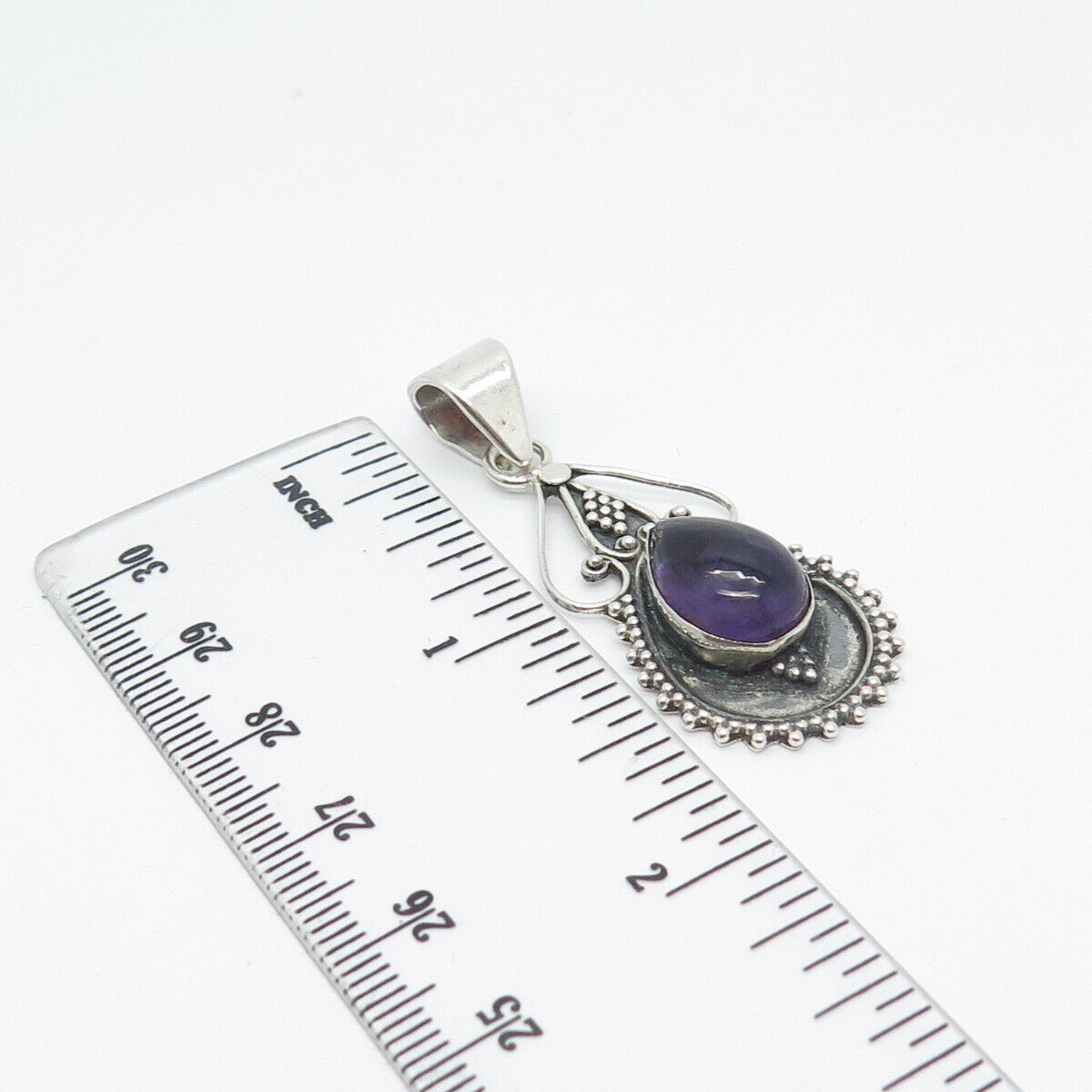 925 Sterling Silver Vintage Real Amethyst Gem Beaded Teardrop Pendant