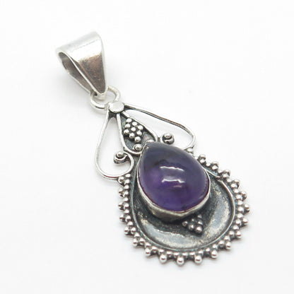 925 Sterling Silver Vintage Real Amethyst Gem Beaded Teardrop Pendant