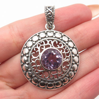 925 Sterling Silver Vintage Real Amethyst Gem Dotted Ornate Round Pendant