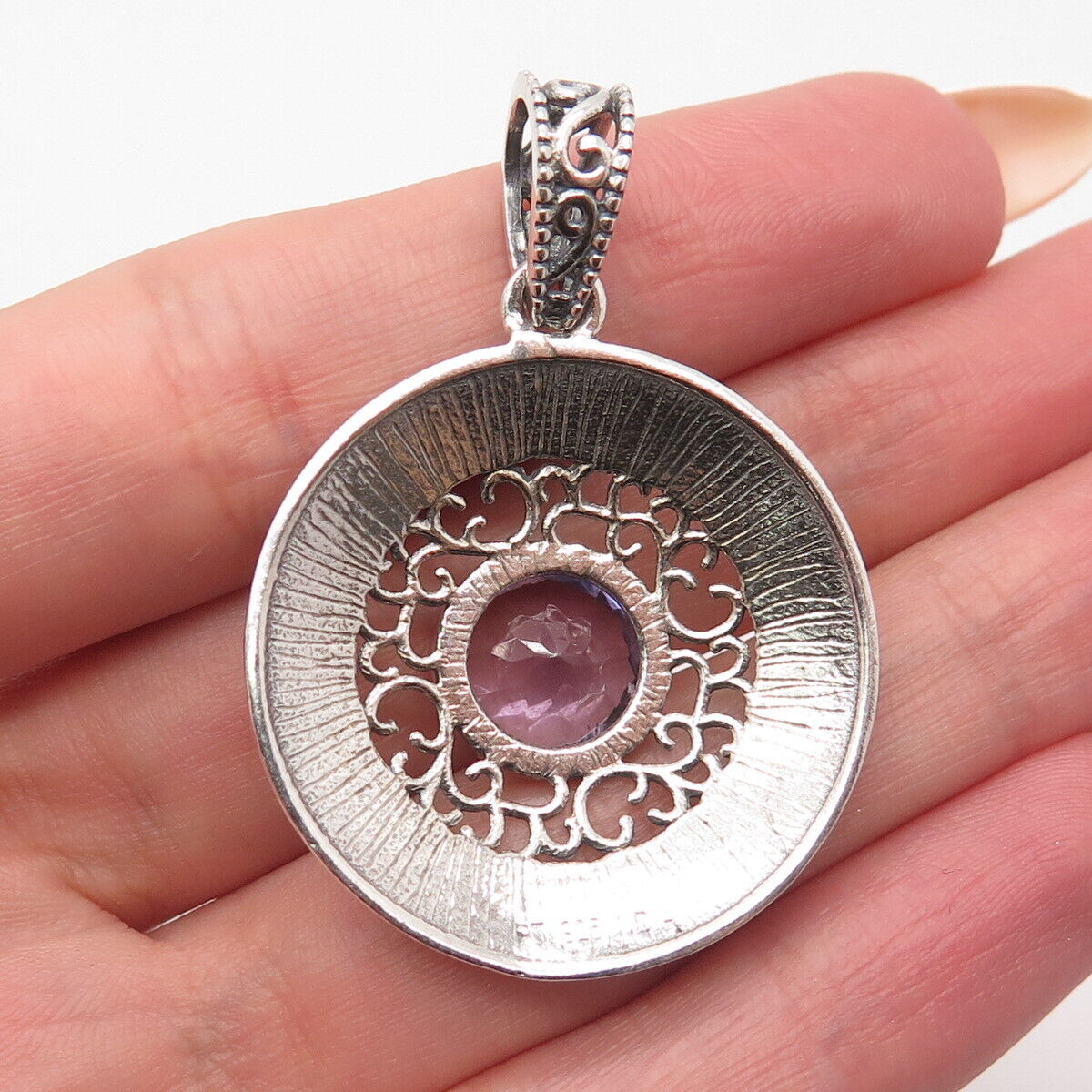 925 Sterling Silver Vintage Real Amethyst Gem Dotted Ornate Round Pendant