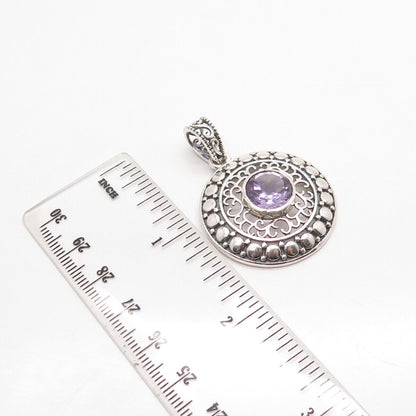 925 Sterling Silver Vintage Real Amethyst Gem Dotted Ornate Round Pendant